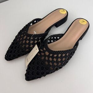 New Joie Faux Leather Woven Flats Women 7 Black Mules Pointed Toes Slip On Shoes